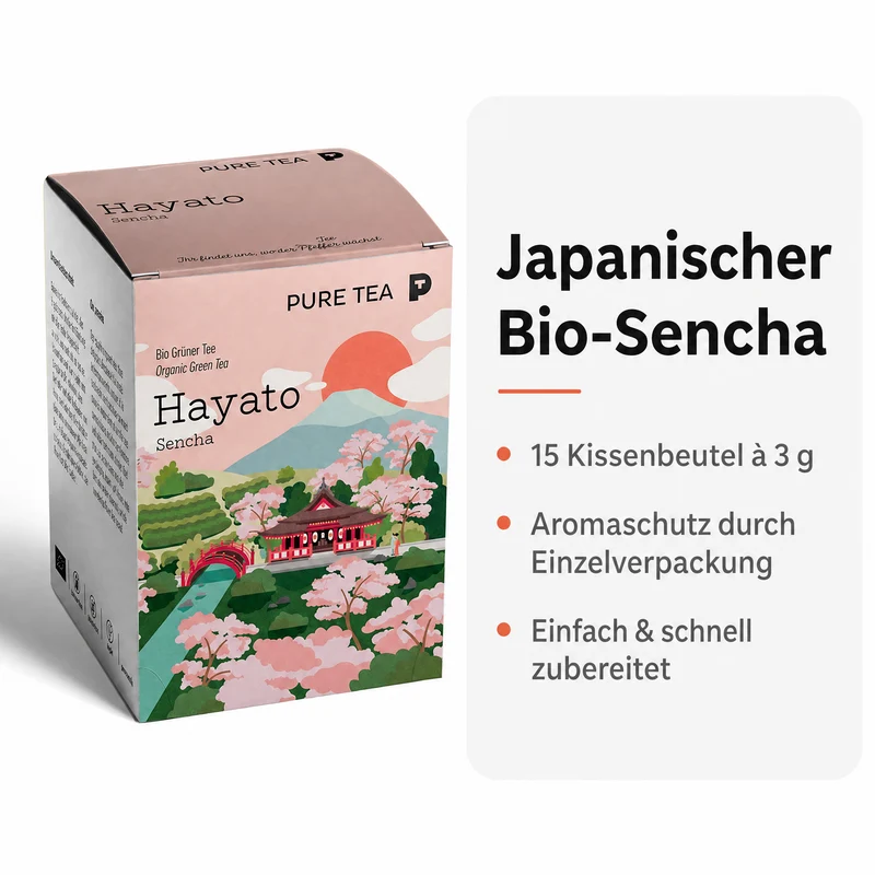 Pure Tea Grüner Tee Sencha Hayato, japanischer Bio Grüntee im Kissenbeutel, 15 Beutel à 3 g, Premiumqualität, Dispenserbox, frisch-duftiges Aroma
