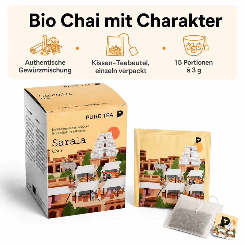 Pure Tea Chai Tee Sarala Chai, Bio-Schwarztee als Gewürztee mit Zimt, Fenchel, Ingwer, Nelken & Anis, Pyramiden-Teebeutel, einzeln verpackt in Dispenserbox, 12 x 9 x 9 cm