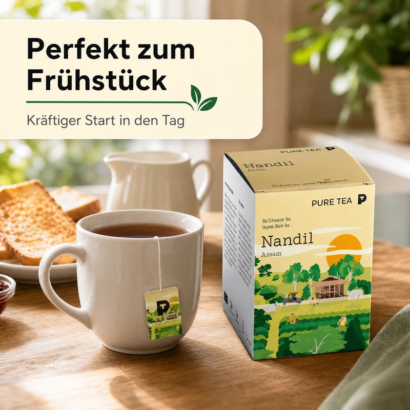Pure Tea Nandil Bio Schwarzer Tee Assam, 15 Kissenbeutel à 3 g, Kräftiger, malzig-würziger Assam-Schwarztee in einzeln verpackten Kissen-Teebeuteln