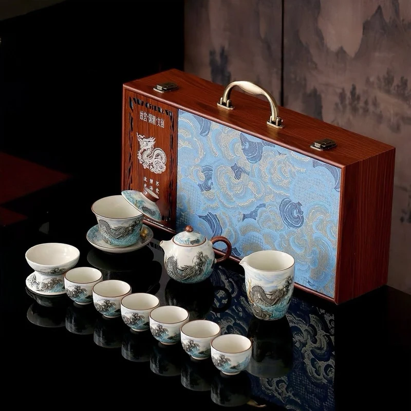 Ocean Dragon – Premium Ru Kiln Teekanne und Gaiwan Komplettes Teeset