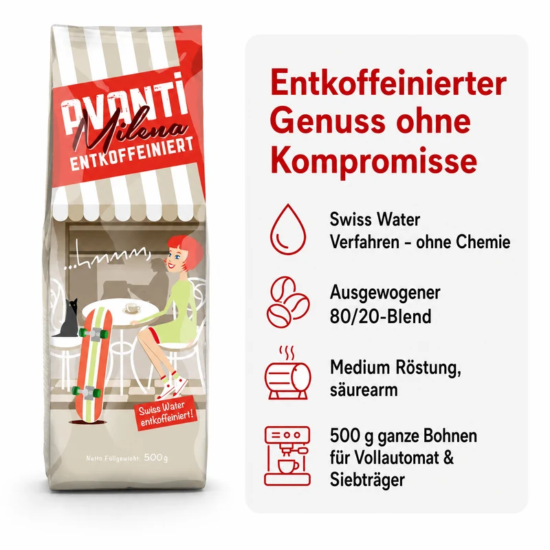 Avanti Kaffeebohnen Entkoffeiniert Milena Espresso, Swiss Water entkoffeiniert, 80% Arabica/20% Robusta, Medium Röstung, säurearm, ganze Bohne, 500 g, Langzeit-Trommelröstung