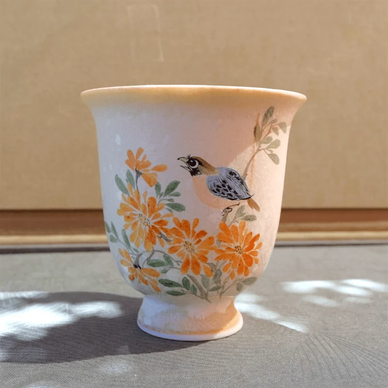 Handbemalte Pastellblüten und Singvögel Jingdezhen Teetassen