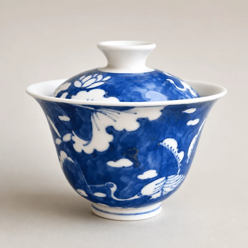 Jingdezhen Handbemalte „Oststörche“ Qinghua Gaiwan