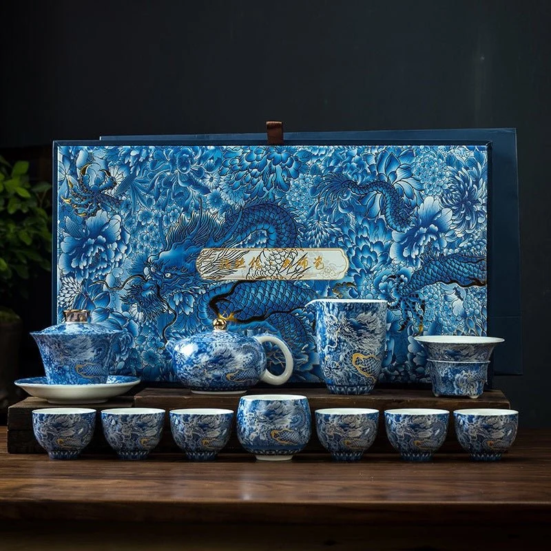 Azure Dragon Reverie – Komplettes Premium-Porzellan-Teeset mit Teekanne und Gaiwan