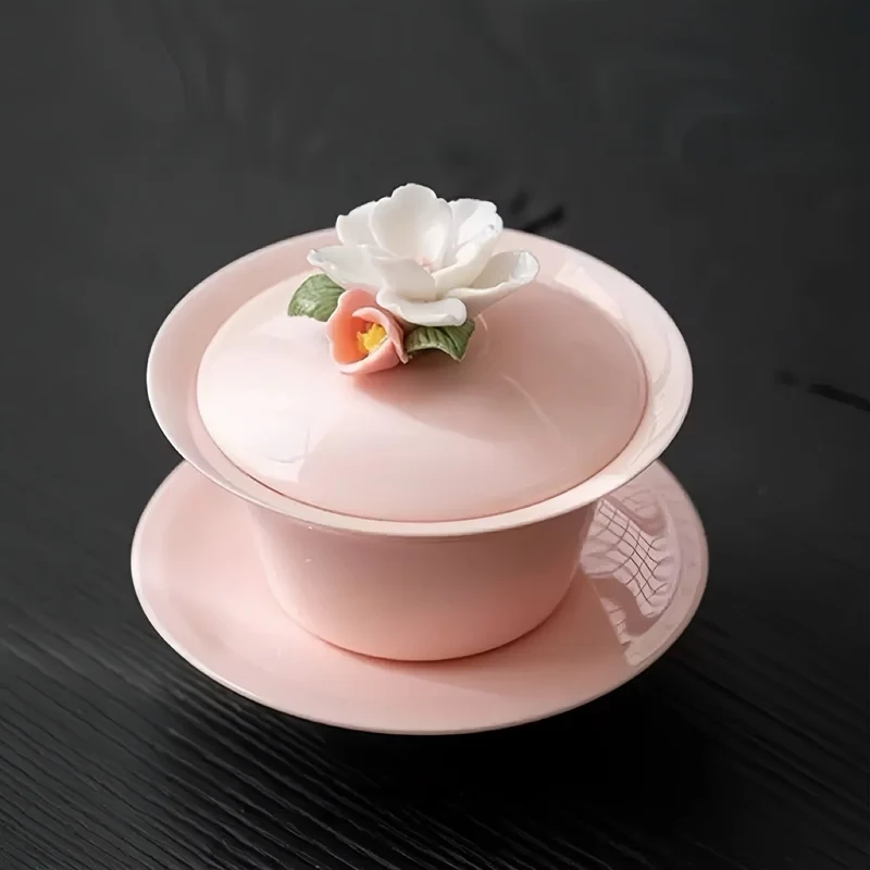 Handgefertigter rosa Gaiwan mit Blumenmuster in Geschenkbox