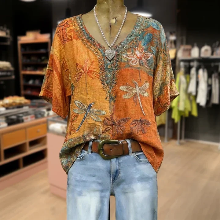 Blouse Vintage Femme à Motif Libellule