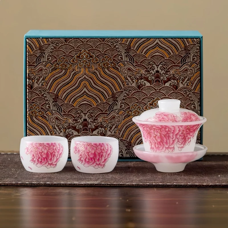 Rote Pfingstrose Liuli Gaiwan mit zwei Teetassen, 3er-Set in einer Geschenkbox