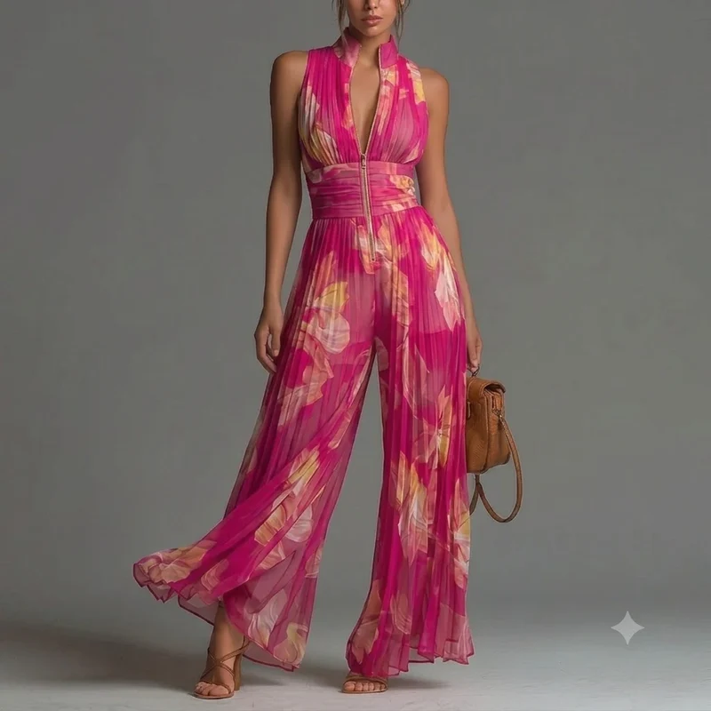 Combinaison florale fuchsia plissée élégante femme