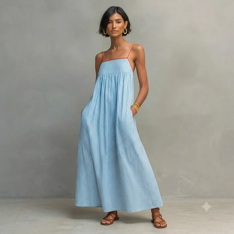 Robe longue fluide rayée bleu ciel légère été