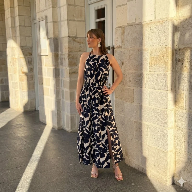 Robe longue fluide à motif floral bleu et écru