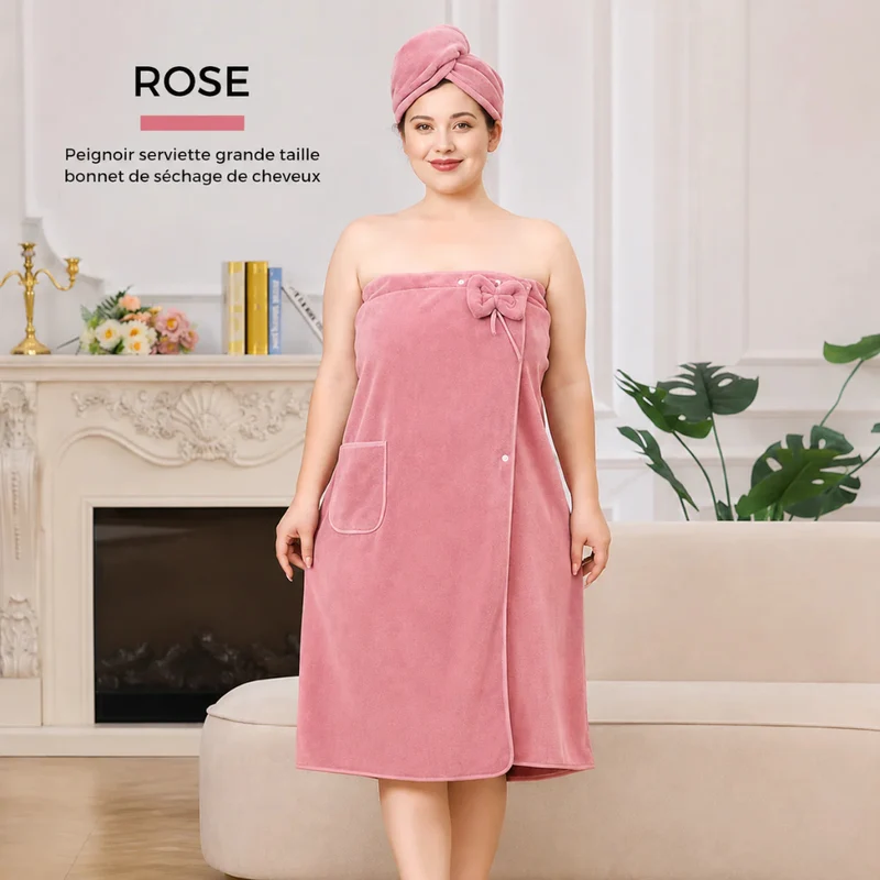 Peignoir de Bain Absorbant avec Bonnet Séchage Intégré