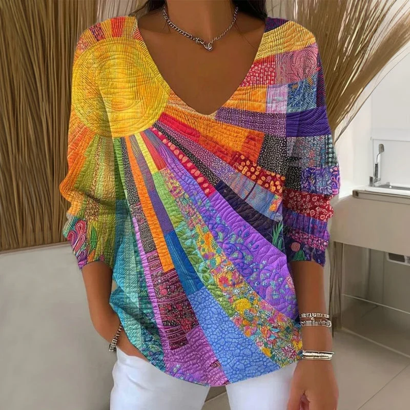 T-shirt multicolore femme à motif artistique manches longues