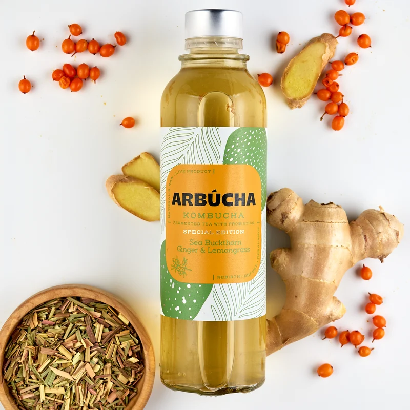 Arbucha Sea Buckthorn, Ginger & Lemongrass Kombucha Glass bottle 330ml