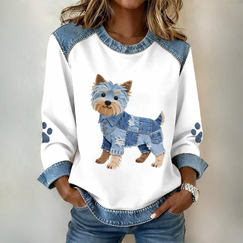 Blouse Patchwork Moderne Motif Chien Denim