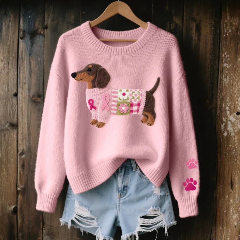 Pull en Tricot Motif Teckel en Feutre de Laine