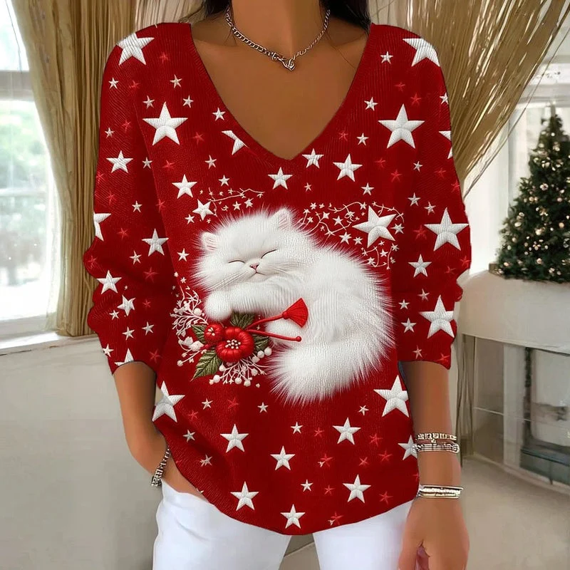 T-shirt Noël avec Chat Imprimé