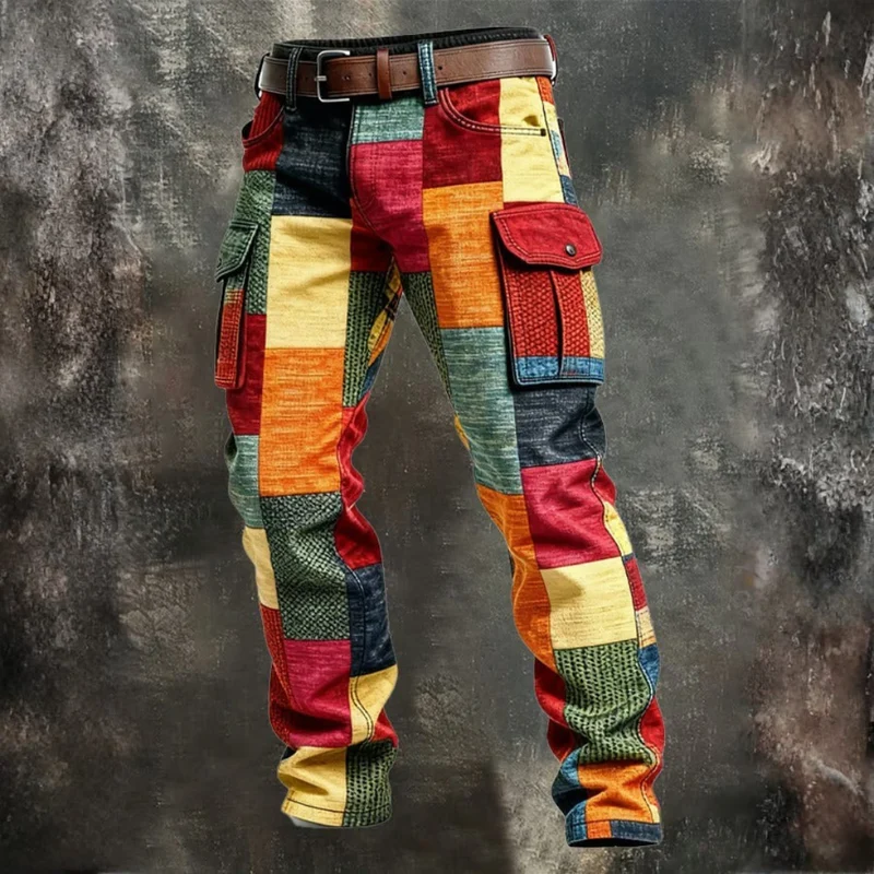 Pantalon cargo multicolore patchwork homme