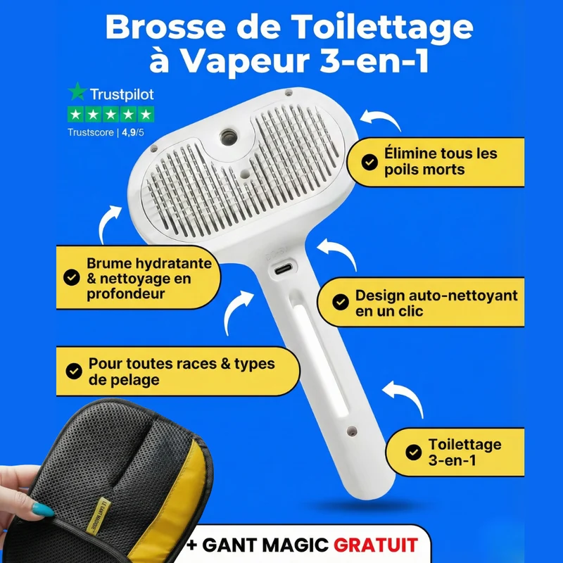 Brosse de Toilettage à Vapeur 3-en-1 pour Animaux