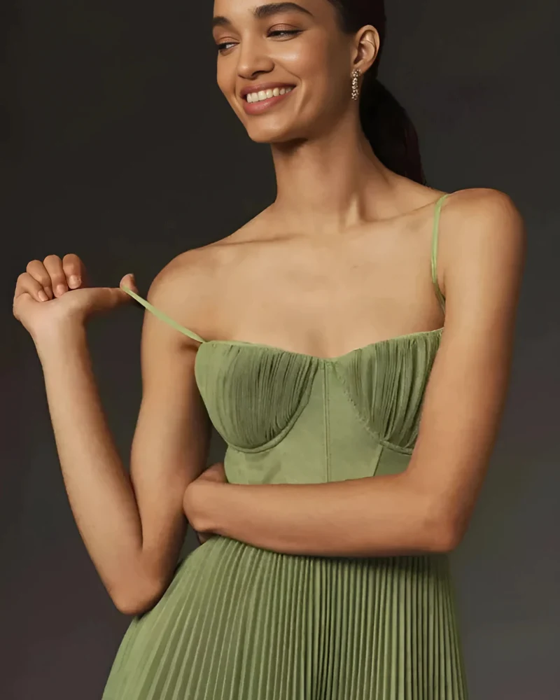 Bustier-Plissé-Tulle-Fit-&-Flare-Robe-Midi