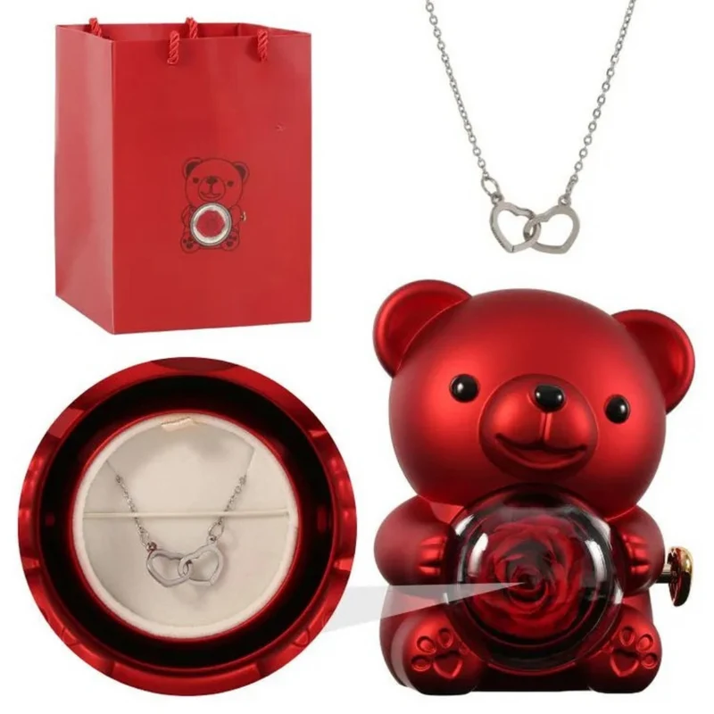 Boîte Ourson Rouge & Collier Personnalisé avec Rose Éternelle