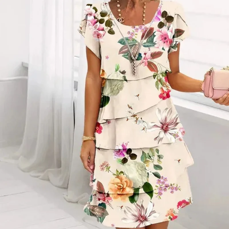 Robe à volants imprimé floral multi-végétal
