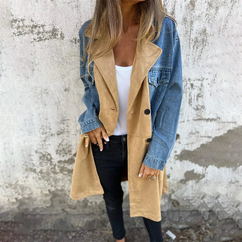 Trench-coat mi-long avec surpiqûres en denim