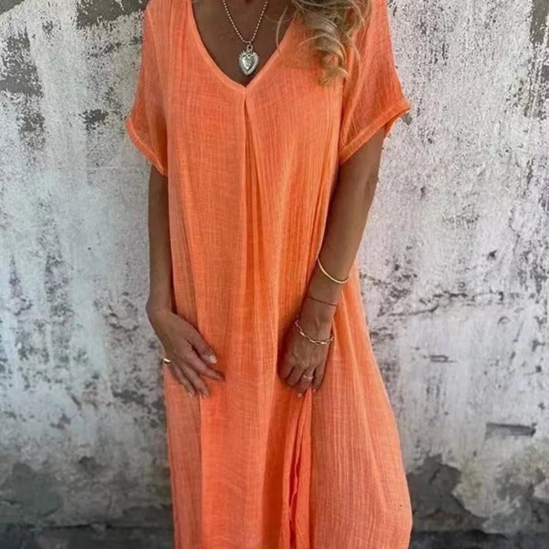 Robe fluide col V en coton et lin
