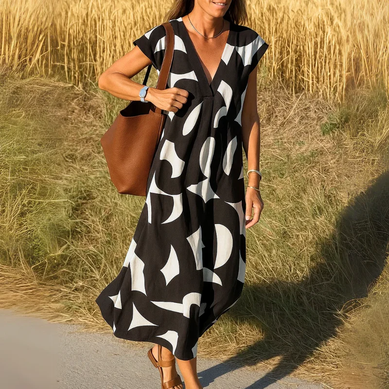 Robe longue à col en V avec imprimé à tendance romantique