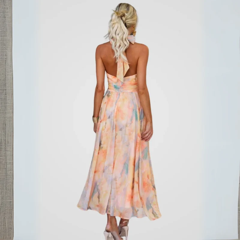 Robe midi à col noué – Teinte pêche