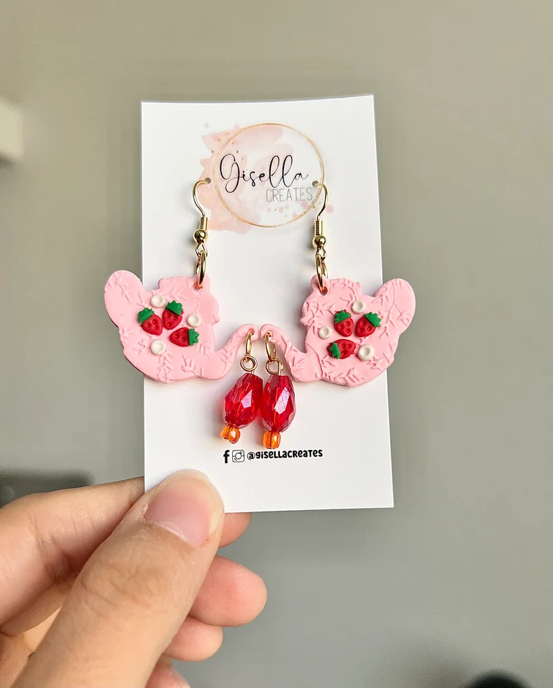Tea Pot Earrings - Pink Strawberries