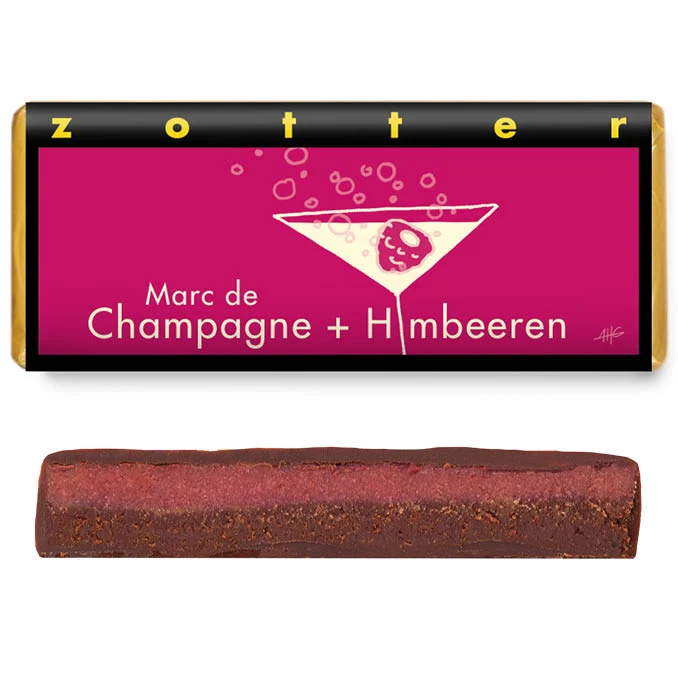 Zotter Handgeschöpfte Schokolade Marc de Champagne + Himbeeren