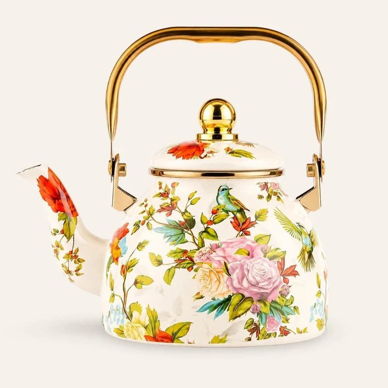 Große Porzellan-Emaille-Teekanne 1200 ml – Blumen und Vögel