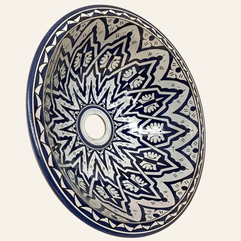 Arabisches blaues und weißes Waschbecken 40 cm | Arabische Keramik aus Fez