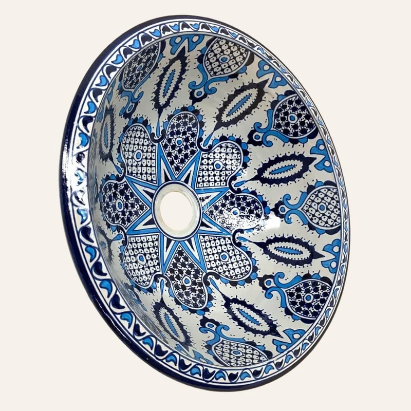 Arabisches Keramikwaschbecken aus Fez, bläulich, 40 cm | Marokkanisches Kunsthandwerk