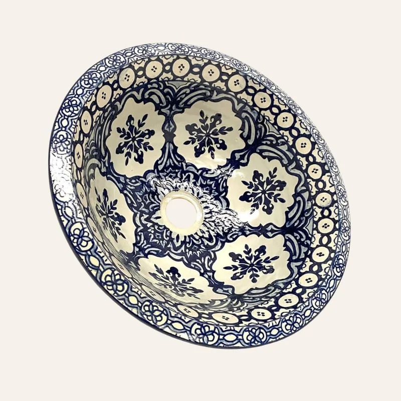 Kobaltblaues arabisches Waschbecken aus Keramik mit Blumenmuster, 40 cm