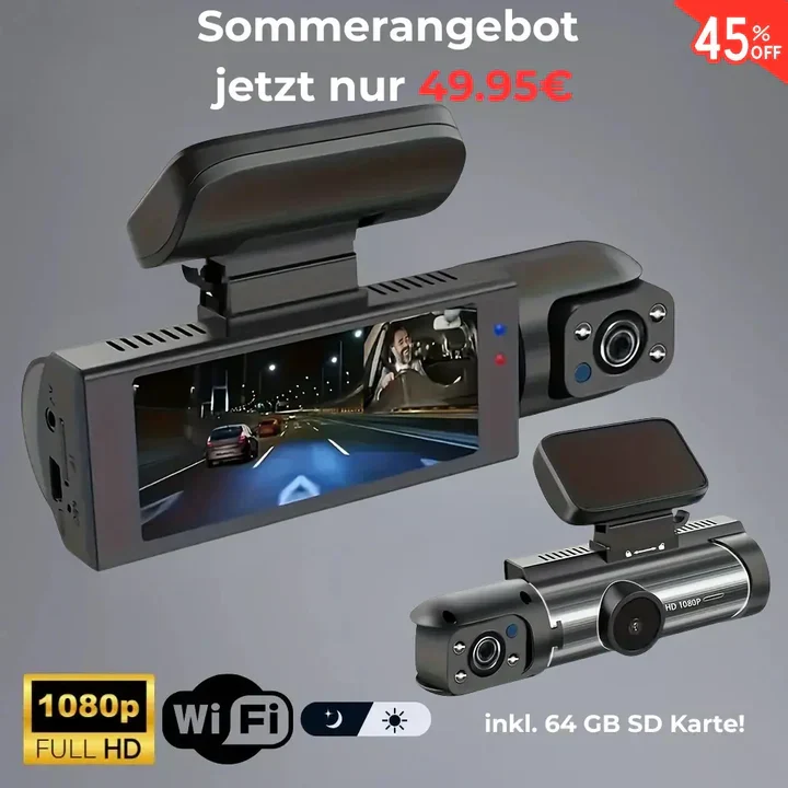 Dashcam Full-HD avec vision nocturne et carte mémoire 64 Go
