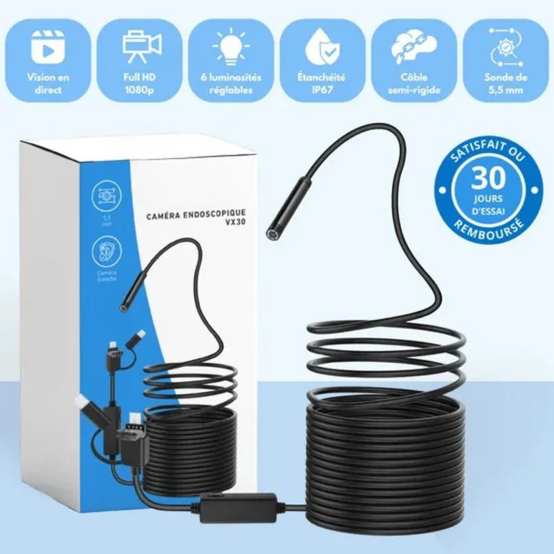 Caméra endoscopique HD étanche avec câble flexible