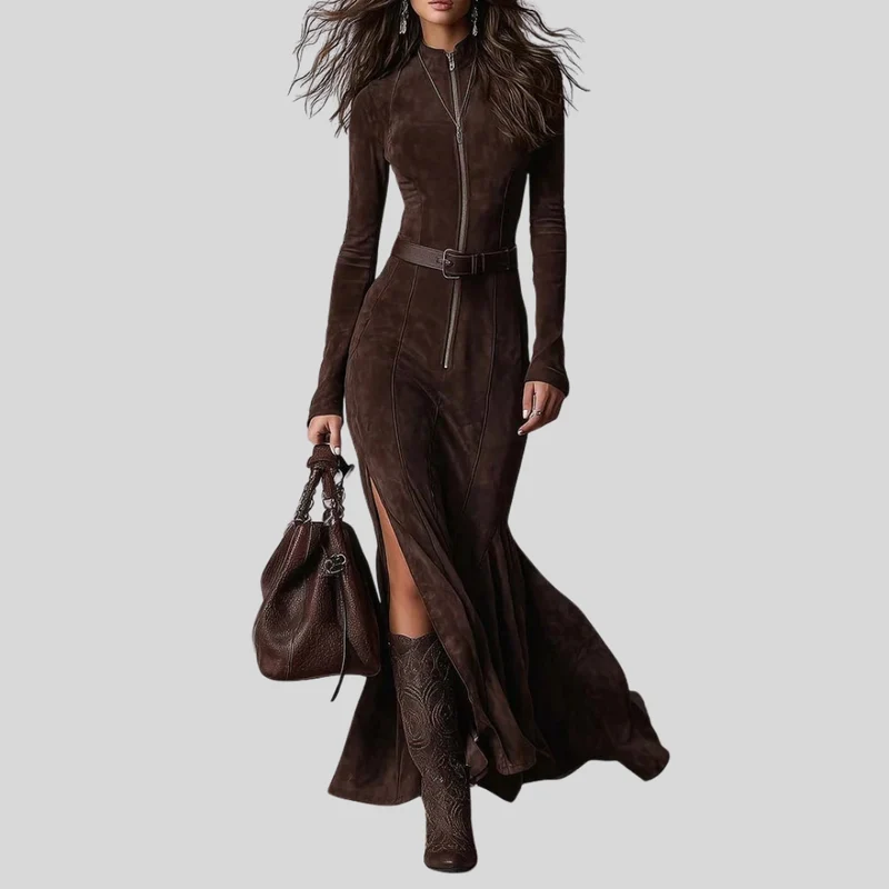 Robe longue en daim brun avec zip et ceinture