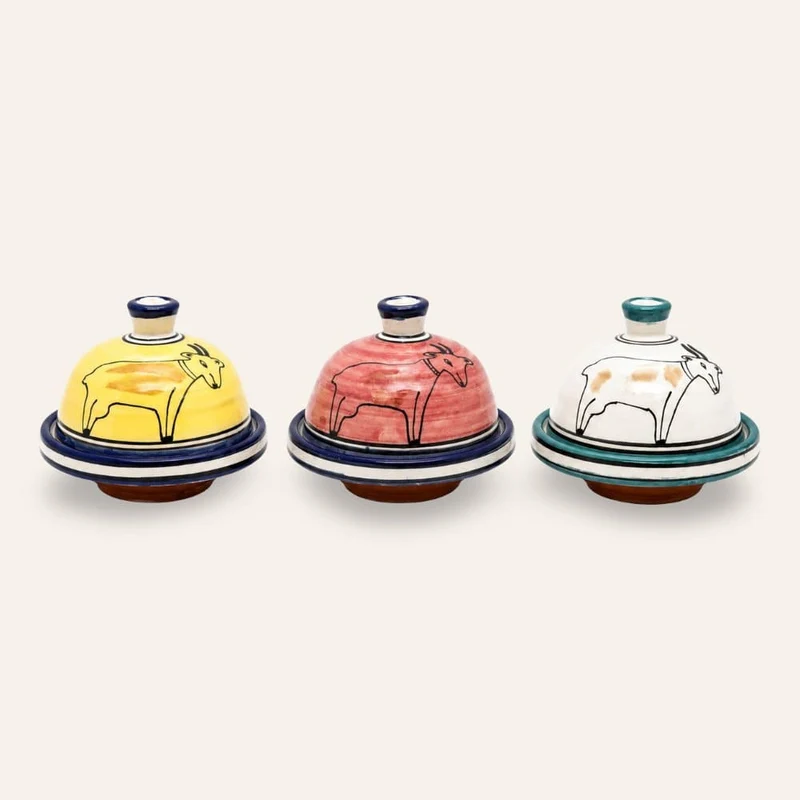 Marokkanische Keramik-Tajine mit Ziegenzeichnung in 3 Farben
