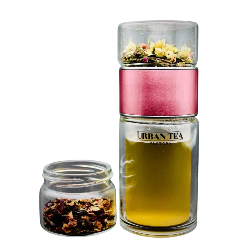 Tea Infuser – Doppelwandige Thermo-Glas-Teeflasche – Pink – Edelstahl | Teezubehör